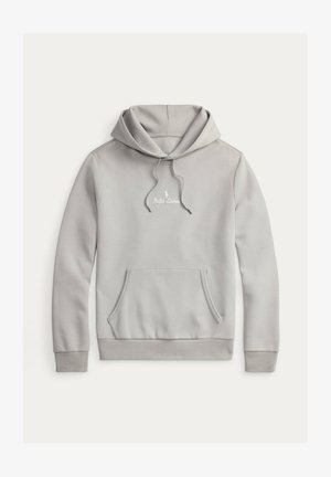 Felpa grigia in cotone con ampio tascone frontale, cappuccio con coulisse e logo "Ralph Lauren" ricamato sul petto. Tessuto morbido.