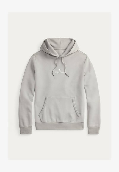 Felpa grigia in cotone con ampio tascone frontale, cappuccio con coulisse e logo "Ralph Lauren" ricamato sul petto. Tessuto morbido.