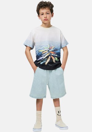 Shorts en denim bleu clair avec taille élastique, t-shirt graphique avec des planches de surf multicolores sur un fond aquatique, chaussures beige à enfiler.