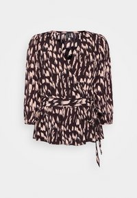 Dunkelbraune Bluse mit einem Peplum-Taillenschnitt, ausgestattet mit einem beigen abstrakten Muster, V-Ausschnitt und langen Ärmeln mit gerafften Manschetten.