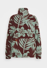 Pull polaire avec demi-fermeture éclair, col montant, poche avant, et motif floral et feuillage bleu sarcelle sur fond bordeaux.