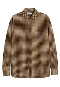 Košile s dlouhým rukávem na knoflíky v hnědočerném károvaném vzoru, vyrobená z lehké látky, s kapsou na prsou a špičatým límcem.