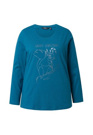 Teal langekous shirt van katoen met een ronde halslijn, voorzien van een witte borduursel van een figuur en "VROLIJK KERSTFEEST."