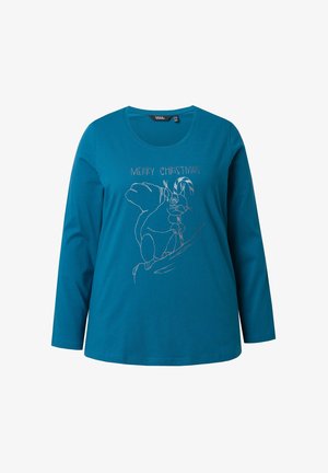 Teal langekous shirt van katoen met een ronde halslijn, voorzien van een witte borduursel van een figuur en "VROLIJK KERSTFEEST."