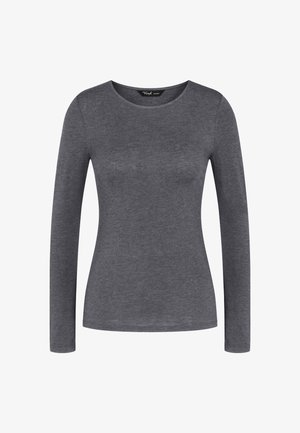 Haut à manches longues et col rond en gris foncé, fabriqué en tissu doux et léger ; texture lisse sans motifs ou accents visibles.