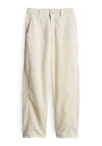 Pantaloni bianchi in cotone con vestibilità dritta, dotati di passanti per cintura, tasche frontali e chiusura con bottone. Texture liscia e linee pulite.