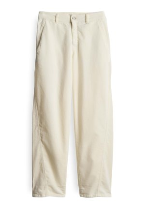 Pantaloni bianchi in cotone con vestibilità dritta, dotati di passanti per cintura, tasche frontali e chiusura con bottone. Texture liscia e linee pulite.