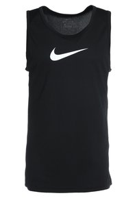 Černé atletické tílko bez rukávů z hladkého materiálu, s bílým logem Nike přes hruď a kulatým výstřihem.