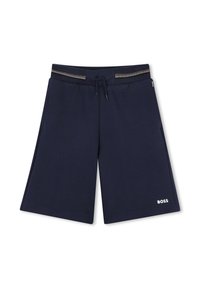 Marineblauwe shorts met elastische tailleband, voorzien van een trekkoord en decoratieve stiksel. Gemaakt van zachte stof, met zijzakken en logo-detail.