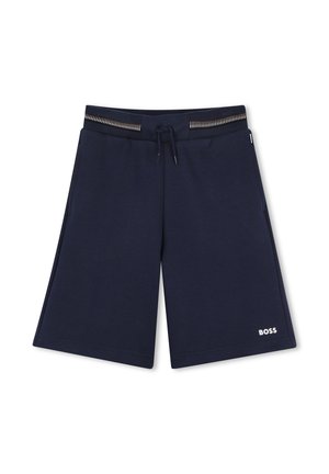 Navy blue shorts with elastic waistband featuring a drawstring and decorative stitching. Made of soft fabric, with side pockets and logo detail.