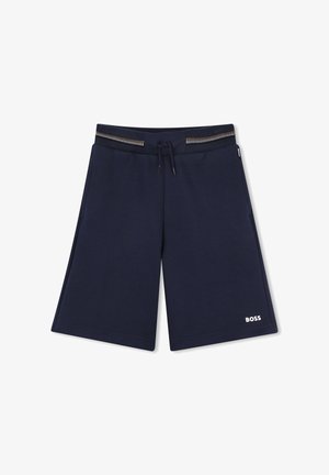 Marineblauwe shorts met elastische tailleband, voorzien van een trekkoord en decoratieve stiksel. Gemaakt van zachte stof, met zijzakken en logo-detail.