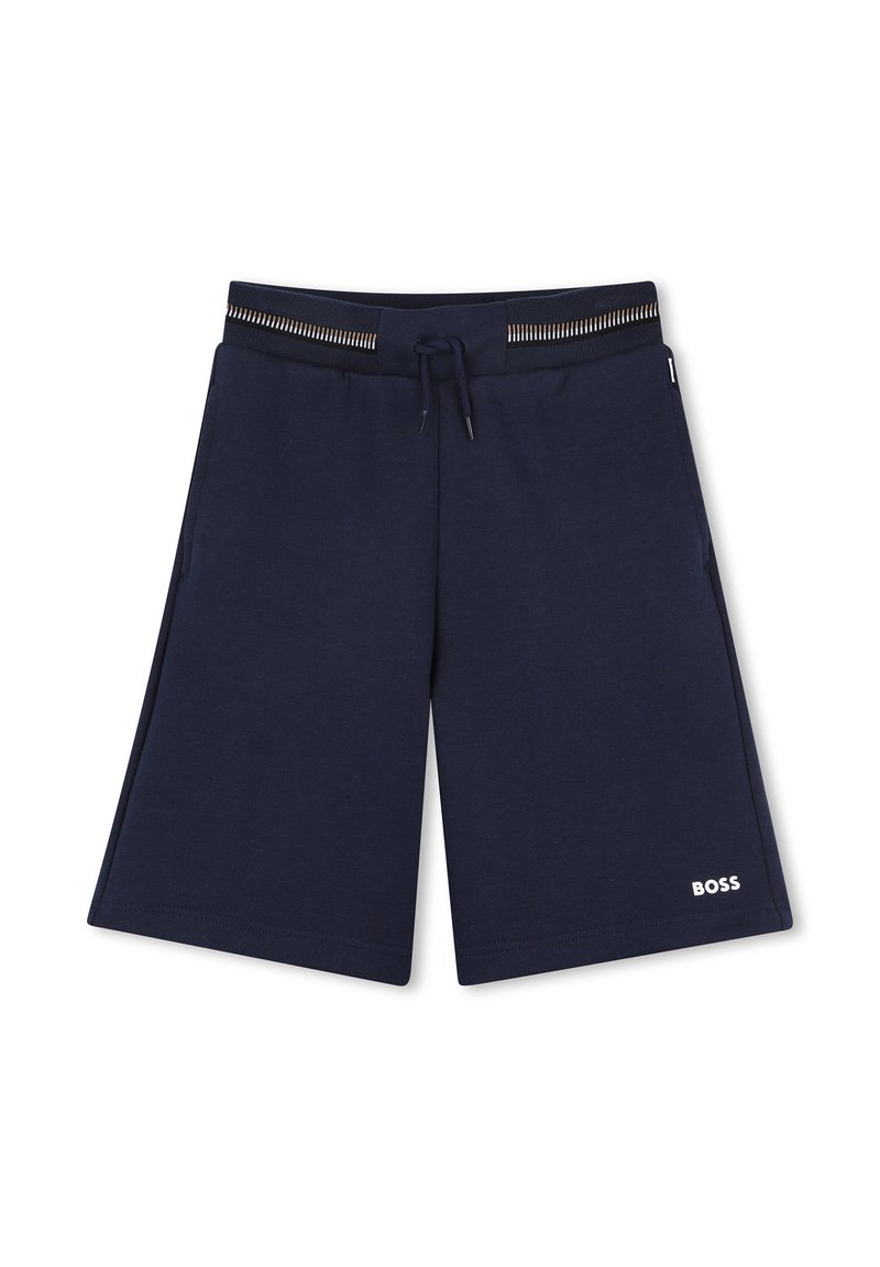Marineblauwe shorts met elastische tailleband, voorzien van een trekkoord en decoratieve stiksel. Gemaakt van zachte stof, met zijzakken en logo-detail.