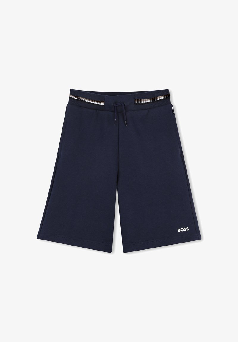 Shorts bleu marine avec une taille élastique, dotés d'un cordon de serrage et de coutures décoratives. Fabriqués en tissu doux, avec des poches latérales et un logo.