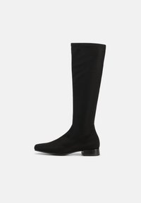 Black knee-high boots made of smooth fabric with a sleek design, pointed toe, and a low block heel. No visible hardware or accents.