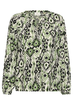 Langmouw blouse in een zwart, groen en wit abstract patroon. Heeft een losse pasvorm en een ronde halslijn met een strikdetail.