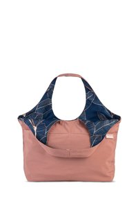 Sac fourre-tout en tissu rose avec un haut arrondi, présentant un intérieur marine orné d'un motif de feuilles et une poche avant. Texture douce et design durable.