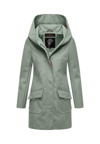 Water-resistant green jacket with a hood, front zipper, and two large front pockets. Features a smooth texture and ergonomic design.