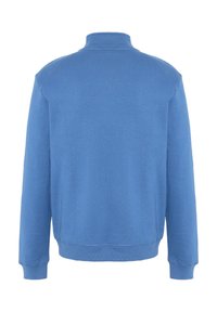 Fleece-Pullover in Hellblau mit hohem Kragen und gerippten Bündchen. Schlichtes Design mit weicher Textur, ohne sichtbare Muster oder Akzente.