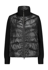 Schwarze ärmellose Daunenjacke mit gestepptem Vorderteil und Strickärmeln, ausgestattet mit einem hohen Kragen und einem Reißverschluss. Glatte, glänzende Textur.