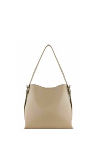 Borsa in pelle beige con bordo superiore curvato, doppi manici regolabili e superficie liscia; design minimalista senza hardware visibile.