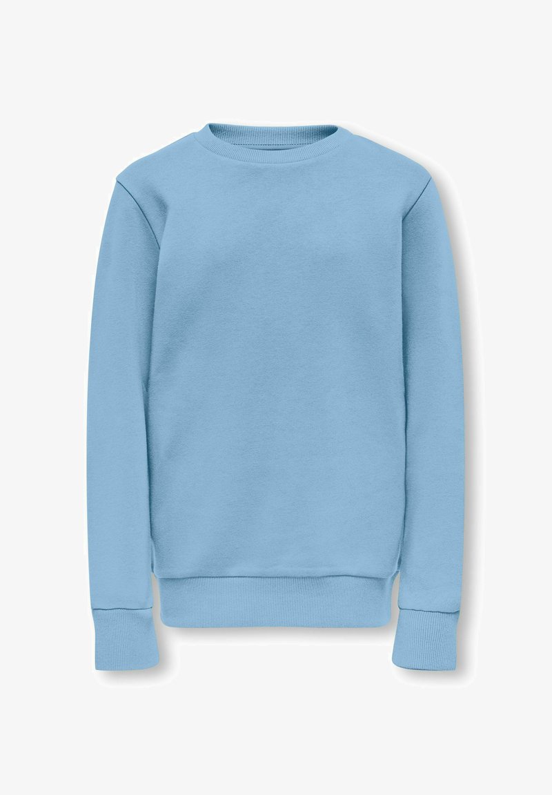 Sweatshirt bleu clair avec un col rond, des manches longues, des poignets et un ourlet côtelés, fabriqué à partir d'un tissu doux avec une texture uniforme.