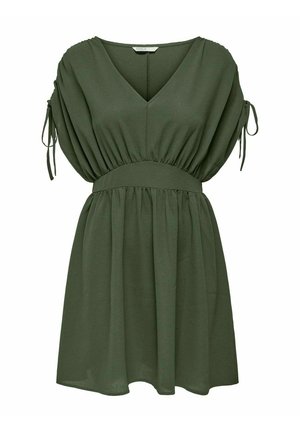 Short olive green dress with V-neck, wide gathered waist, ruched short sleeves, and tie details on the sides.