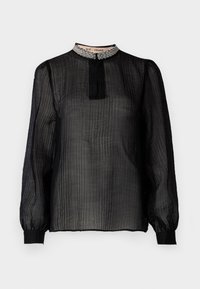 Blusa nera trasparente a maniche lunghe con design plissettato, colletto alto decorato con perline e polsini elasticizzati.