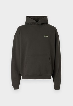 Dark grey hoodie made from cotton blend, featuring a front pouch pocket, ribbed cuffs, and a small white logo on the chest.