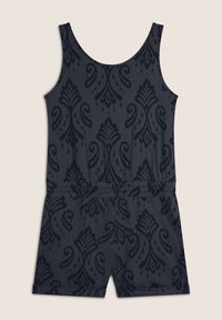 Romper nero a motivo floreale, senza maniche, con scollatura a barca e vita elastica, con pantaloni corti e orli arrotolati.