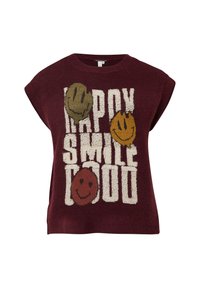 Ärmelloser bordeauxfarbener Pullover mit großen weißen Buchstaben "HAPPY SMILE LOOD" und drei bunten Smileys in Grün, Gelb und Rot.