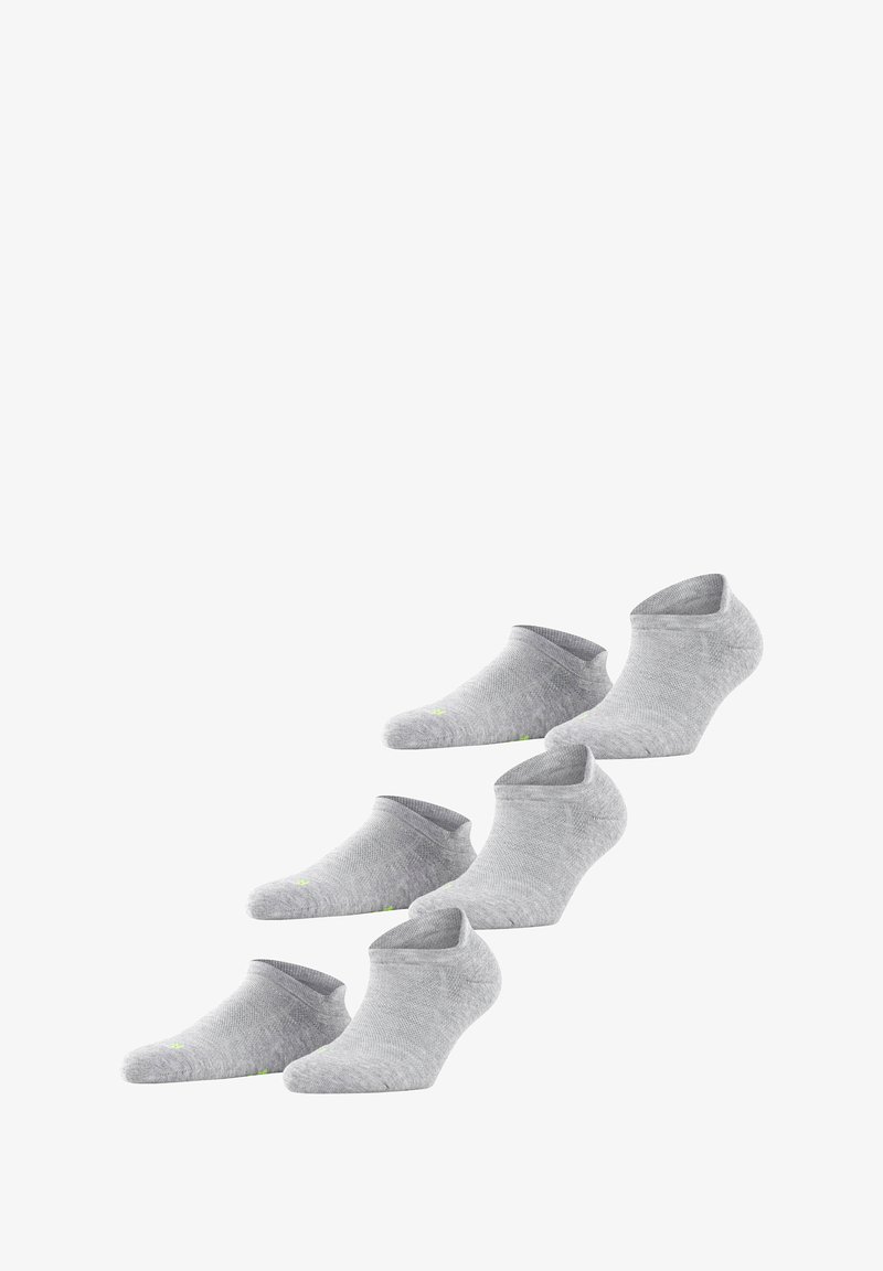 Five pairs of low-cut gray socks made of a breathable material, featuring a smooth texture and green accent on the toe area.