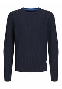 Maglione a coste blu navy con maniche lunghe, scollatura a girocollo e tessuto testurizzato. Presenta un accento blu a contrasto sul collo.