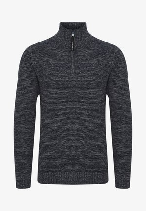 Pull en maille texturée gris foncé, avec un col montant et une fermeture éclair mi-longue avec un tirant de zip marqué.