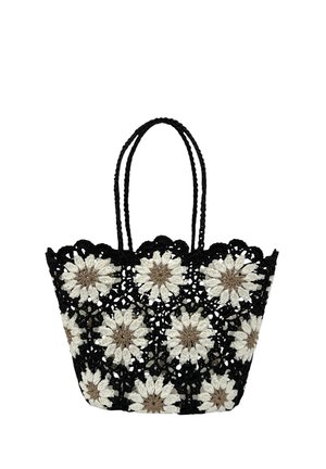 Sac cabas en crochet noir avec motifs de marguerites blanches et beiges et deux poignées tressées, design à tissage ouvert.