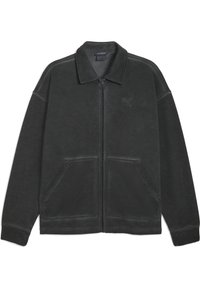 Mørkegrå zip-up jakke lavet af blødt stof. Har en krave, to forlommer og stikninger langs sømmene.
