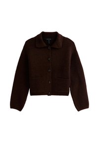 Cardigan lavorato a maglia marrone scuro con maniche lunghe, bottoni frontali, due tasche anteriori e colletto a punta.