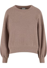 Pull en maille côtelée marron avec un col rond et de larges manches bouffantes. Présente un ourlet ajusté et une texture douce. Étiquette de la marque visible à l'intérieur.