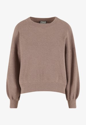 Bruine, geribbelde gebreide trui met een ronde hals en brede, pofmouwen. Heeft een getailleerde zoom en een zachte textuur. MerklabeL zichtbaar aan de binnenkant.