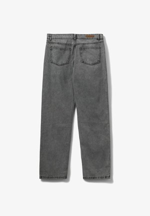 Grey denim jeans with a straight-leg cut. Features two back pockets and a waistband label. The fabric has a slightly faded texture.