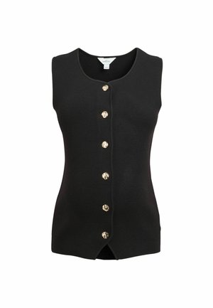 Schwarze ärmellose Umstandsjacke mit rundem Ausschnitt und sechs goldfarbenen Knöpfen vorne, am unteren Rand leicht ausgestellt.
