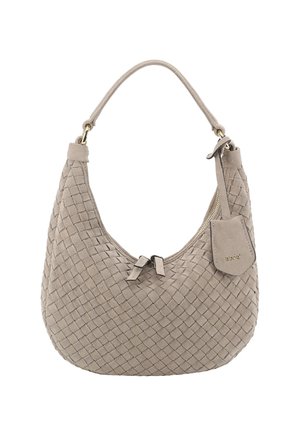 Beige woven suede handbag with a curved shape, dual zip closure, and a short handle. Features a small leather tag with brand name.