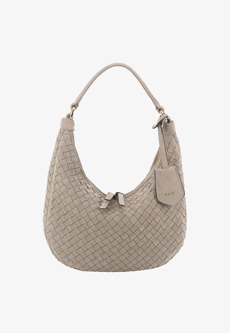 Beige gewebte Wildlederhandtasche mit geschwungener Form, doppeltem Reißverschluss und kurzem Griff. Verfügt über einen kleinen Lederanhänger mit Markennamen.