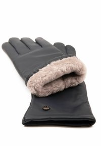 Leather gloves in dark navy, featuring a plush light gray fur lining. The glove has five fingers and a decorative button accent.