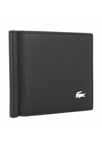 Portefeuille en cuir noir avec texture lisse, design bi-fold et un logo en crocodile argenté dans le coin inférieur droit. Détails de couture minimalistes.