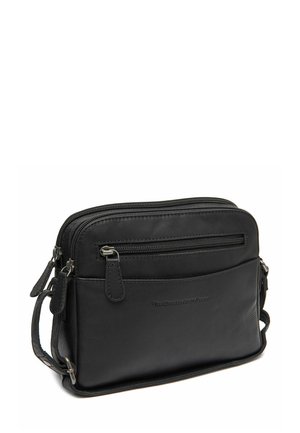 Borsa a tracolla in pelle nera con due compartimenti con zip, tracolla regolabile e superficie liscia. Presenta il marchio sul davanti.