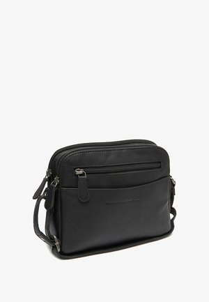 Borsa a tracolla in pelle nera con due compartimenti con zip, tracolla regolabile e superficie liscia. Presenta il marchio sul davanti.