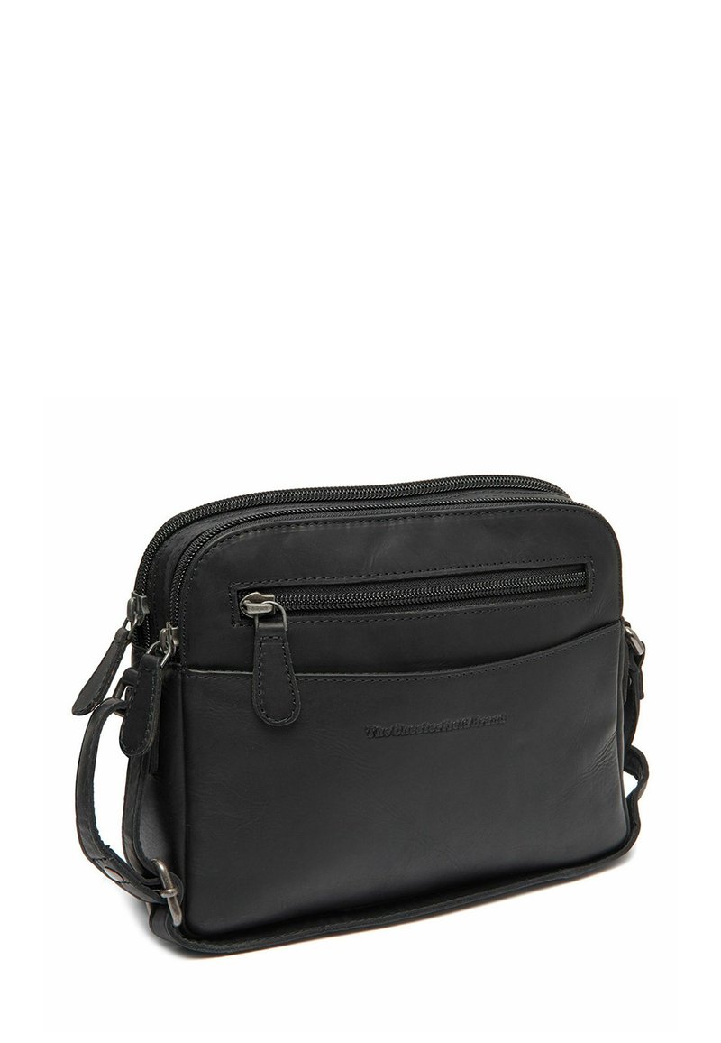 Borsa a tracolla in pelle nera con due compartimenti con zip, tracolla regolabile e superficie liscia. Presenta il marchio sul davanti.