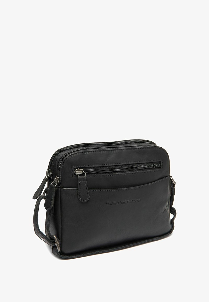 Borsa a tracolla in pelle nera con due compartimenti con zip, tracolla regolabile e superficie liscia. Presenta il marchio sul davanti.