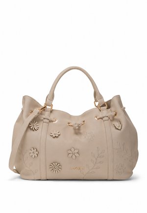 Borsa beige con due manici, dettagli in metallo dorato, ricamo floreale e applicazioni floreali in rilievo sulla parte frontale; visibile il marchio “LANCETTI”.