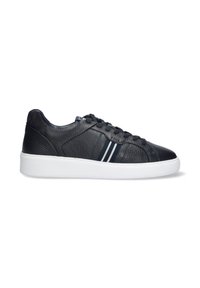 Leather sneakers in navy with textured upper, featuring two white stripes, black laces, and a white rubber sole. Low-top design.
